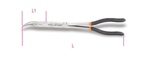 Beta 1009L/DP Extrahosszú, 45° hajlított félkerekcsőrű, recézett, kétcsuklós műszerészfogó 2 réteg csúszásmentes PVC bevonatú nyéllel