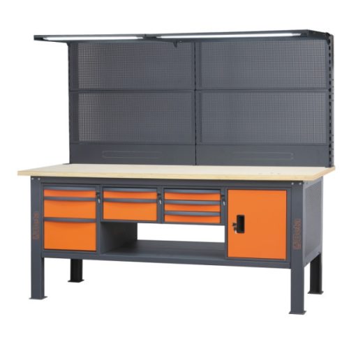 Beta C58BCA-W2,1/O 2,1 m széles, teljes munkapad, fa munkalappal, 8 fiókkal és ajtós modullal, narancs színű