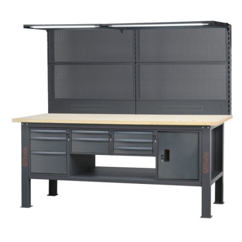 Beta C58BCA-W2,1/A 2,1 m széles, teljes munkapad, fa munkalappal, 8 fiókkal és ajtós modullal antracit