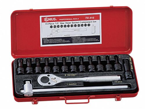 Genius légkulcsfej készlet, T-torx (külső) 1/2", 15 darabos